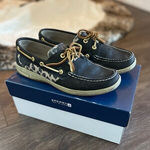 Sperry black and leopard print boatshoe